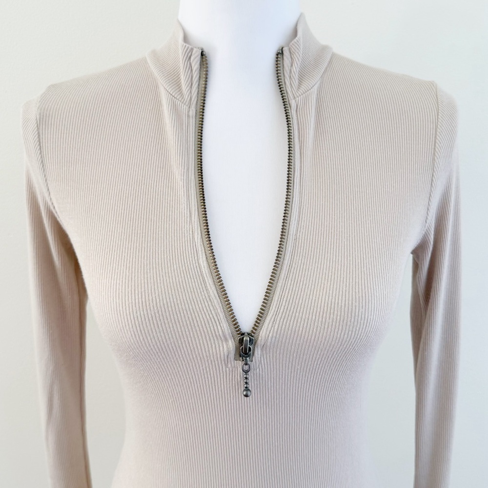 JOAH BROWN BEIGE TAN RIBBED HALF ZIP MOCK NECK LONG SLEEVE TOP - Picture 4 of 13